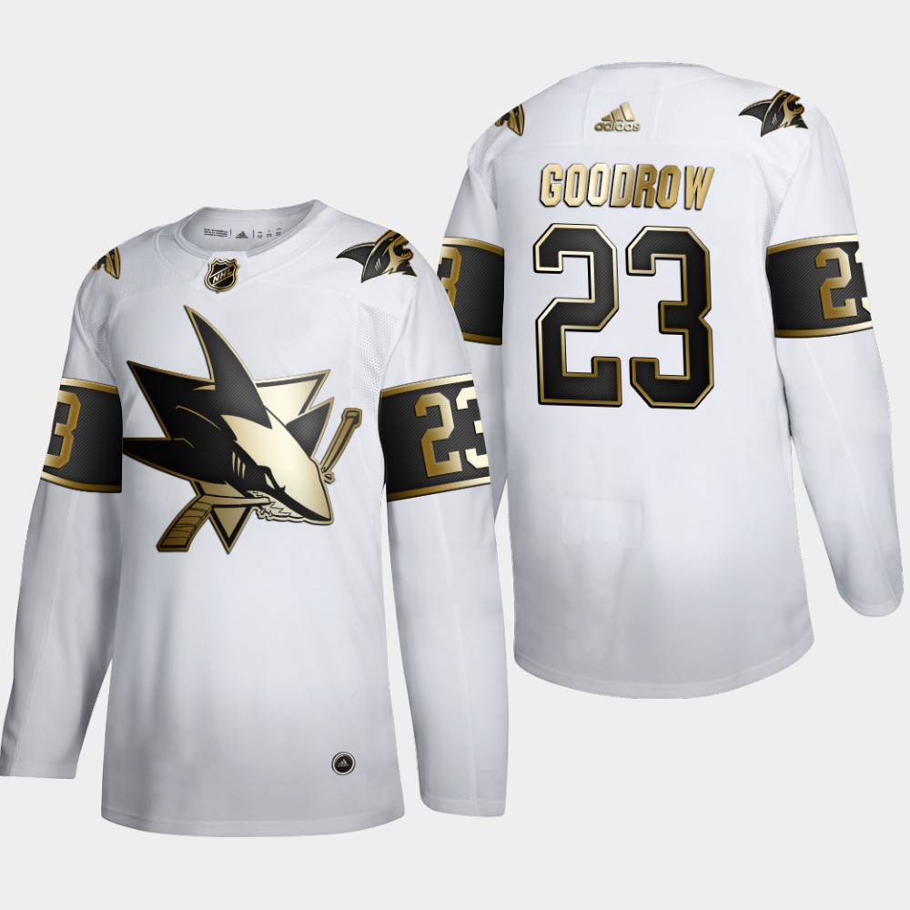 Cheap San Jose Sharks 23 Barclay Goodrow Men Adidas White Golden Edition Limited Stitched NHL Jersey